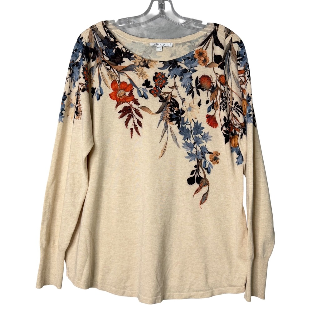Chico's Autumn Long Sleeve‎ Pullover Sweater Womens L Cream Floral Leaves Fall